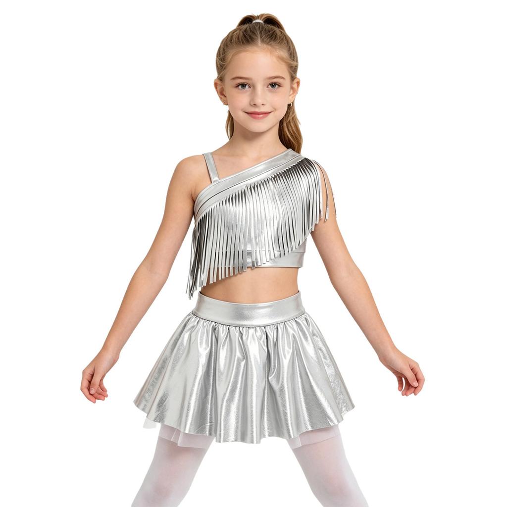 Girls Metallic Tassels Jazz Dance Outfit Asymmetrical Shoulder Crop Top Elastic Waist Shiny Tutu Skirt