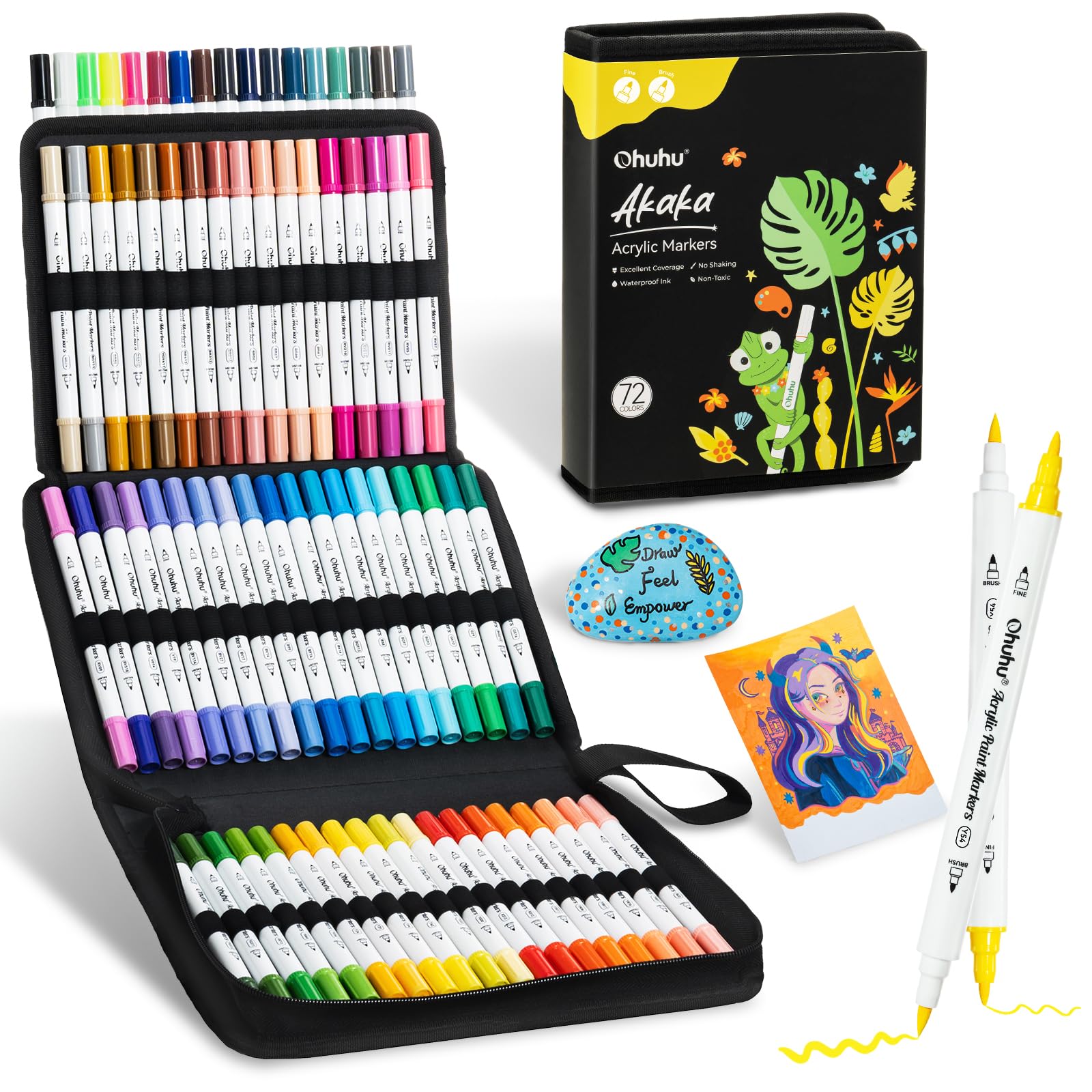 Ohuhu Acryl Stiften Acryl Opaque Verfstiften voor Ideaal voor en Inclusief Opbergkoffer Fijne 72-Kleuren Set Stiften, Viltpunt, Waterbasis Hout,