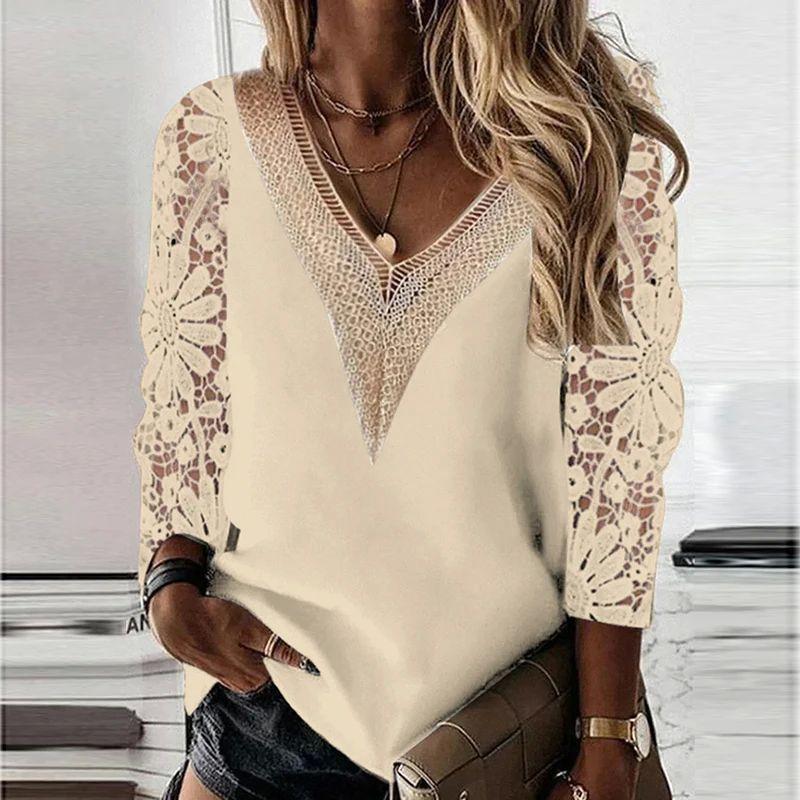 V-neck Patchwork Hollow Lace Sleeve TOPV Collar Patchwork Cut Out Lace Sleeve Tops