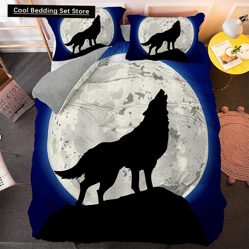 Bettwäscheset mit Weißwolf-Muster Tier Bettbezug Queen King Full Size Bettwäscheset Herren Weiche Polyester Bettdeckenbezug Schwarz Grau