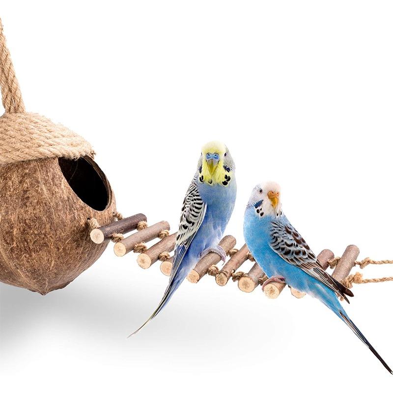 Coconut Birdhouse Hut With Ladder Hemp Rope Roof Natural Material Firm Stable Small Animal Cage Habitat Decoration Pet Supplies