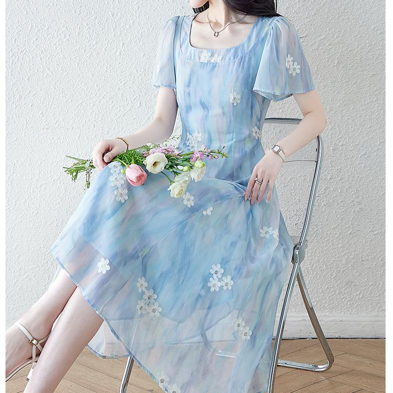 French Blue Embroidered Floral Dress Women Summer Vintage Waist Tie Floral Dress
