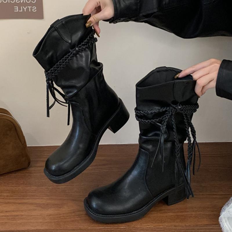 

Woman Ankle Boots Designer Tassel Lace Up Square Heels Shoes Punk Round Toe Modern Short Booties De Mujer 35