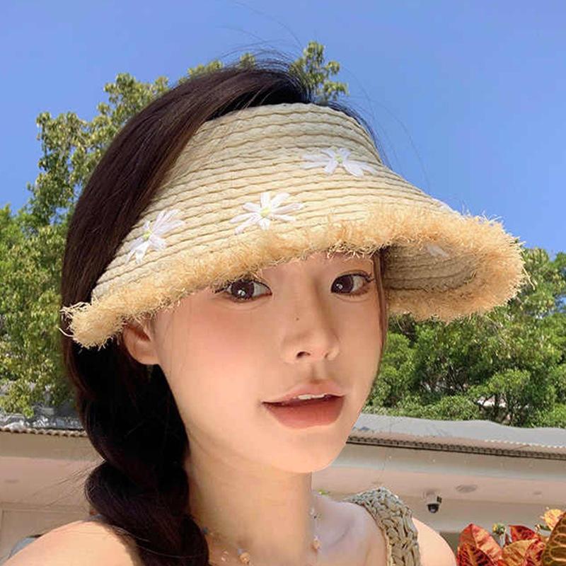 Summer Hat Women's Sun Hat Big Brim Burr Straw Hat Flower Empty Top Sun Hat Premium Sunscreen Hat
