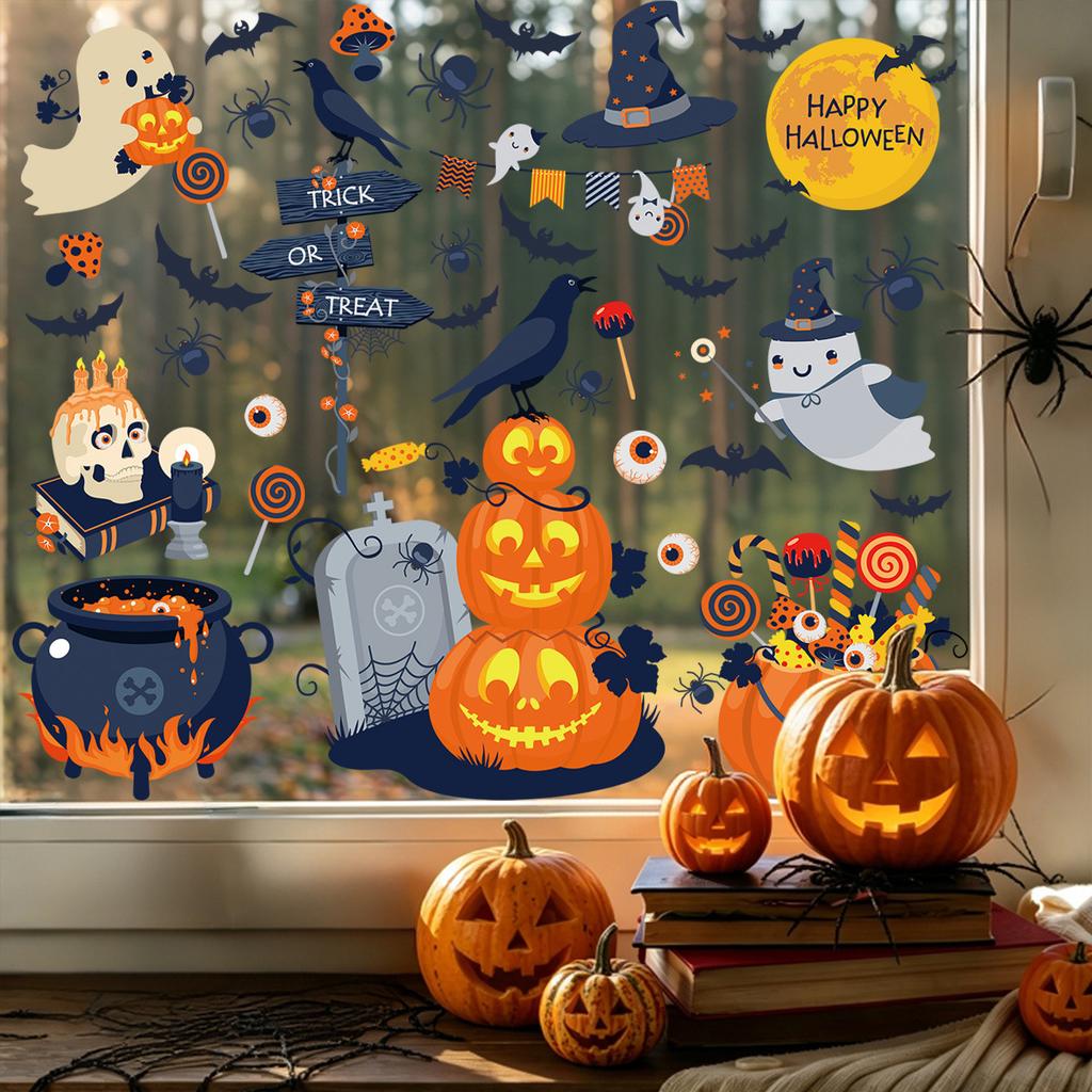 Halloween Window Stickers Featuring Pumpkins, Bats, Skulls, Spiders and Tombstones