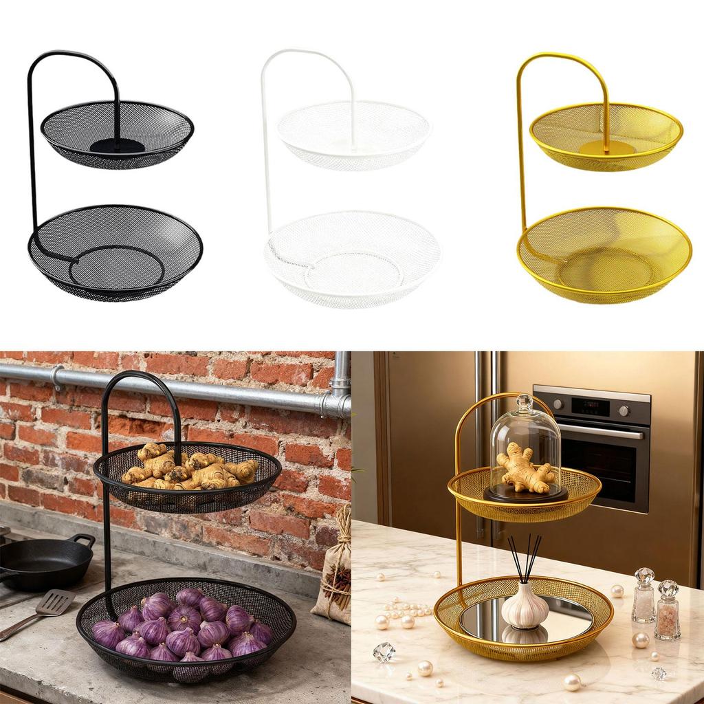 Two Tier Iron Fruit Basket Organizer Large Capacity Fruit Bowl Countertop Vegetable Bread Storage for Kitchen Home Decor