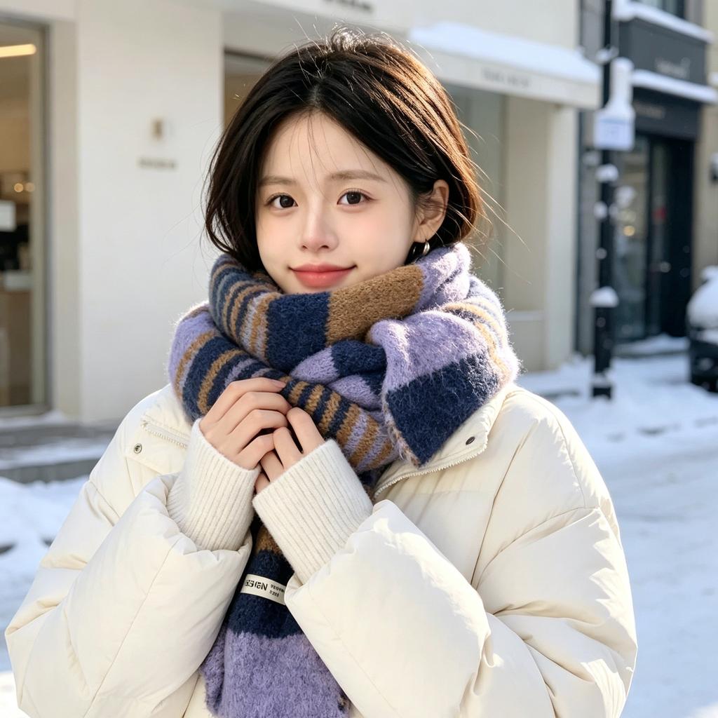 New color matching contrasting knitted striped wool scarf women's autumn and winter Korean version versatile thickened warm scarf
