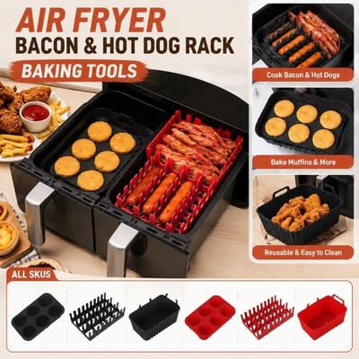 Rectangular Air Fryer Silicone Baking Pan Multi Functional Bacon Hot Dog Rack Baking Tool Set of 3 Pieces for Oven and Air Fryer Use