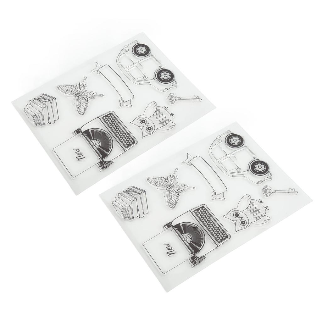 2Pcs Transparent Briefmarken Klar Impressum Schreibmaschine Auto Eule Muster Silikon Klar Briefmarken Dichtungen fo