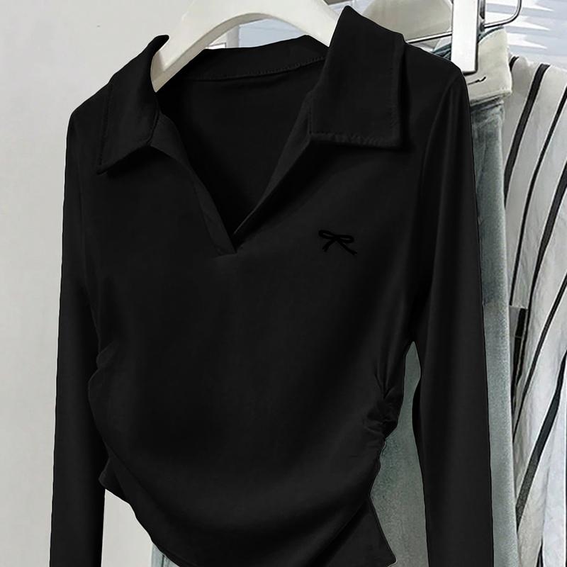 

Ladies Spring Autumn Long Sleeve Lapel Solid Color Gather Waistline Pullover T Shirt Top XL
