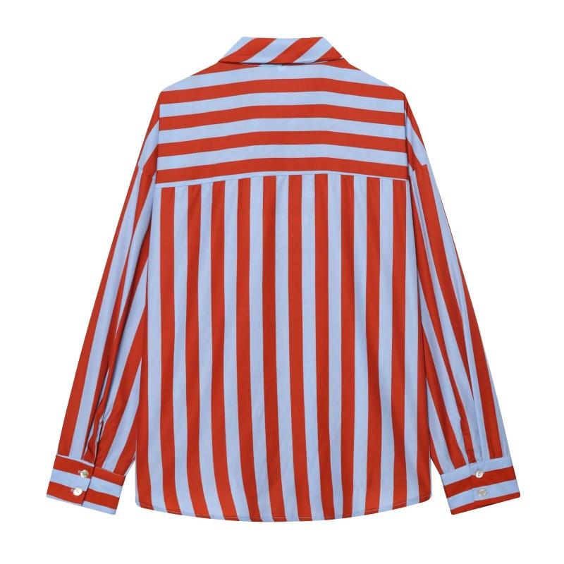 Womens Striped Long Sleeve Shirt With Tie Neck Loose Fit Linen-Feel Top Casual Street Style Blouse
