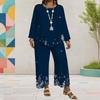 Women Plus Size Dark Blue Printed Round Neck Long Sleeve Two Piece Set Asymmetrical Layered Top Wide Leg Pants