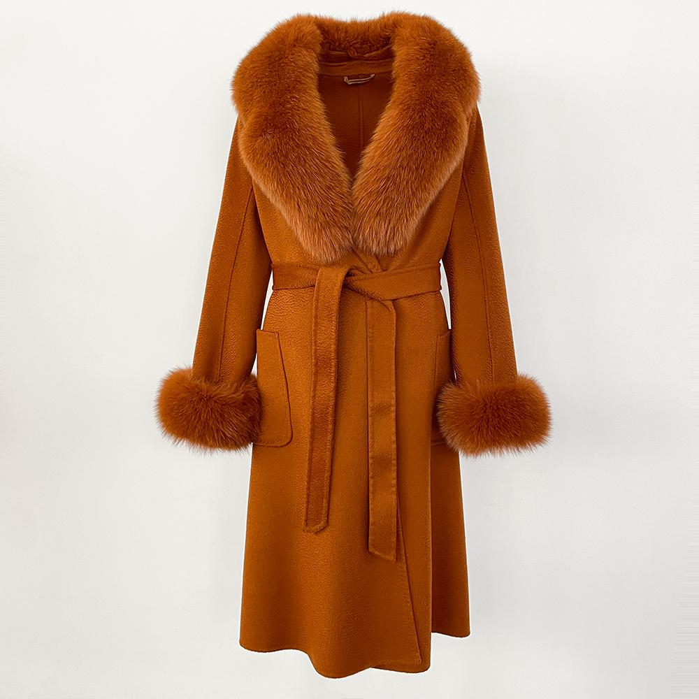 MENINA New  Autumn Winter Fashion 100% Wool Water-Corrugated Woolen Coat with Detachable Fox Fur Collar Women Daily Casual Wear