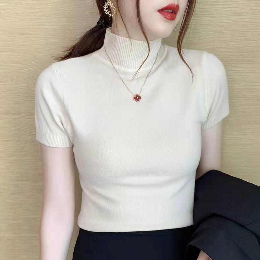 Moda Primavera y Otoño Cuello Medio Alto Camiseta de Punto Suave Manga Corta Top de Mujer Delgado Fino Cálido Bajo Casual Esencial Ajustado Jerséis Camisetas