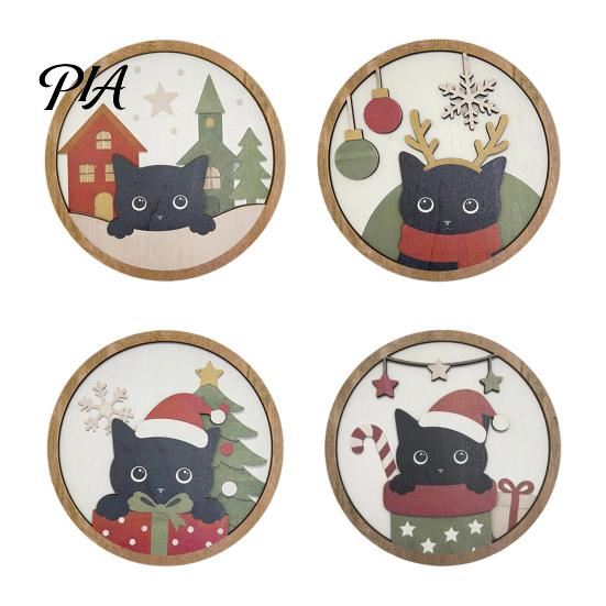 Cute Animal Wall Art Christmas Black Cat Decor, Layered Wooden Hanging Sign, Round 2D Creative Layout Flat Decoration for Living Room Bedroom And Hall