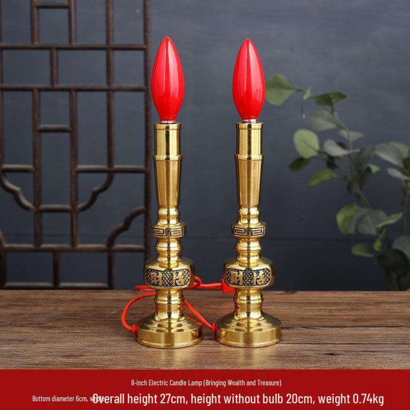 Pure Copper LED Candle Lamp for Offering: Everlasting Wealth God Incense Candlestick
