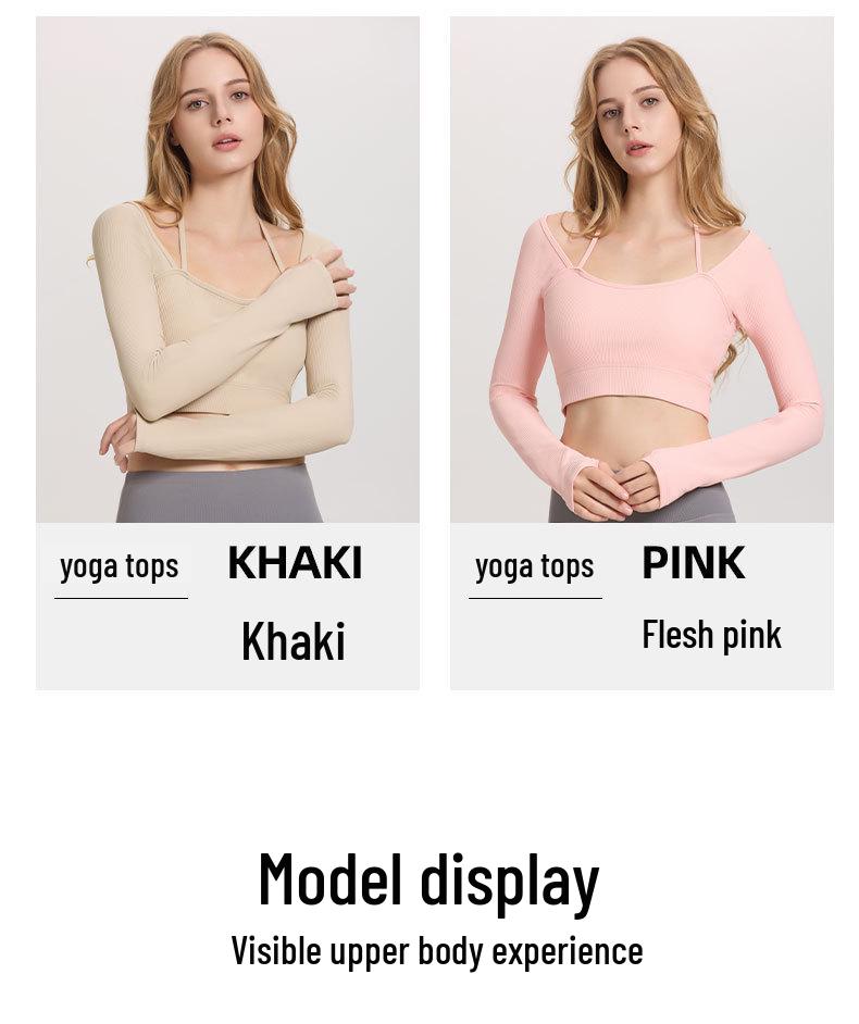 Women's Ribbed Halter Neck Yoga Top with Long Sleeves and Pads - High Elastic Cropped Fitness Top for Autumn/Winter