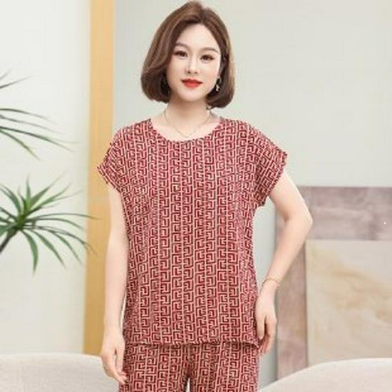 Fashionable Summer Outfit Set for Middle-aged Moms: Stylish Round Neck Short-Sleeve Top & Plus Size Two-Piece Set 5XL красный