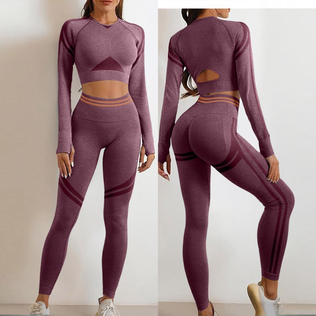 Women’s Seamless High Waist Leggings and Long Sleeve Crop Top Set Stretchy Workout Yoga Athletic Outfit