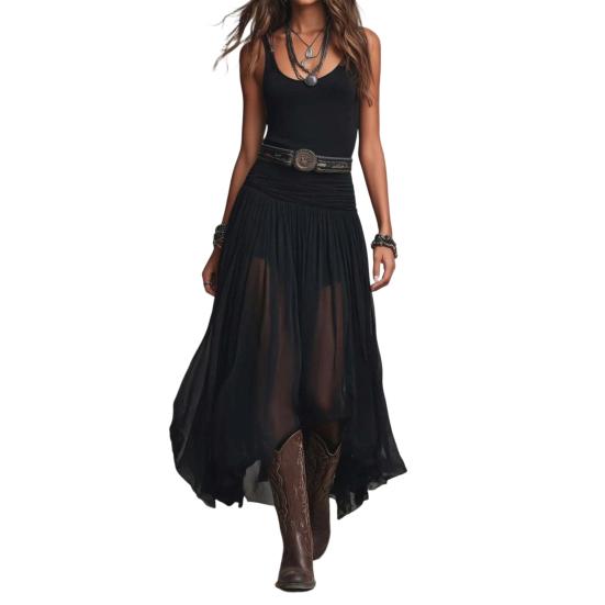 Women's Sleeveless Tank Dress Mesh Patchwork Ruched A-line Long Dress Summer Flowy Beach