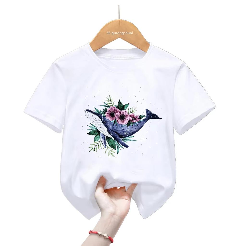 Kawaii Dolphin Whale Flowers Tshirt Watercolor Graphic Print Short Sleeve Unisex Unisex Casual Harajuku Tee