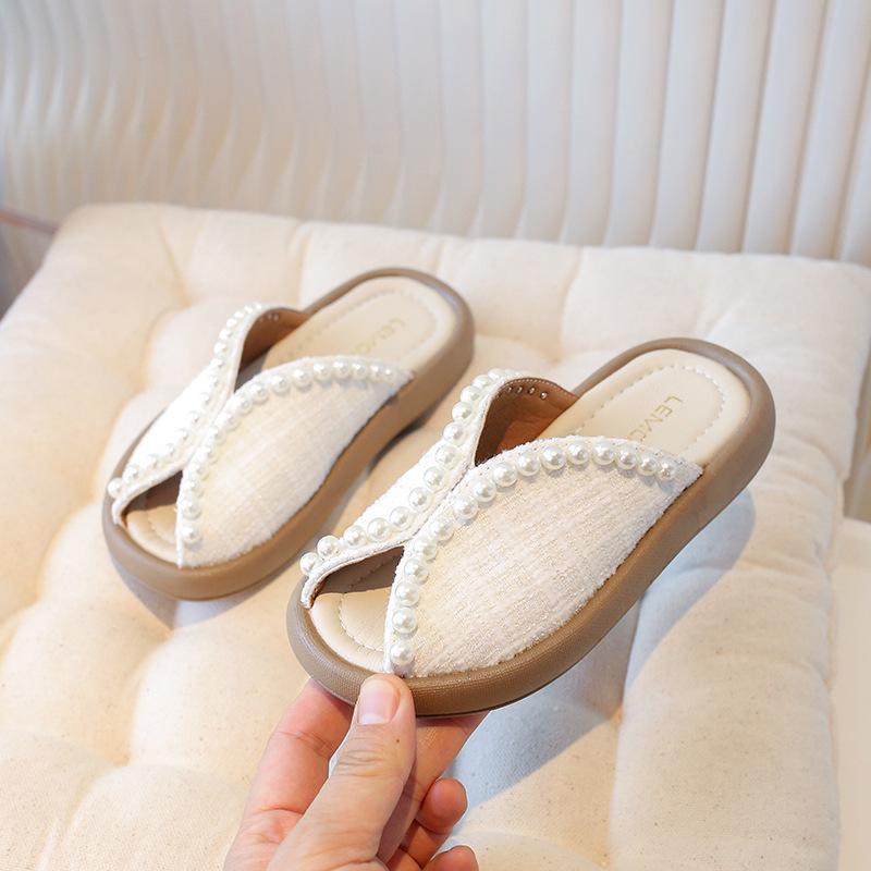 

Летние жемчужные шлепанцы принцессы 2025: Туфли для девочек с мягкой подошвой и открытым носком Size 30 - 19.2cm