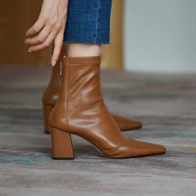 New Style Shoes for Women Ankle Boots for Women Side Zipper Stretch Middle Heel Plus Size Short Boots Fashion Pointed Shoes