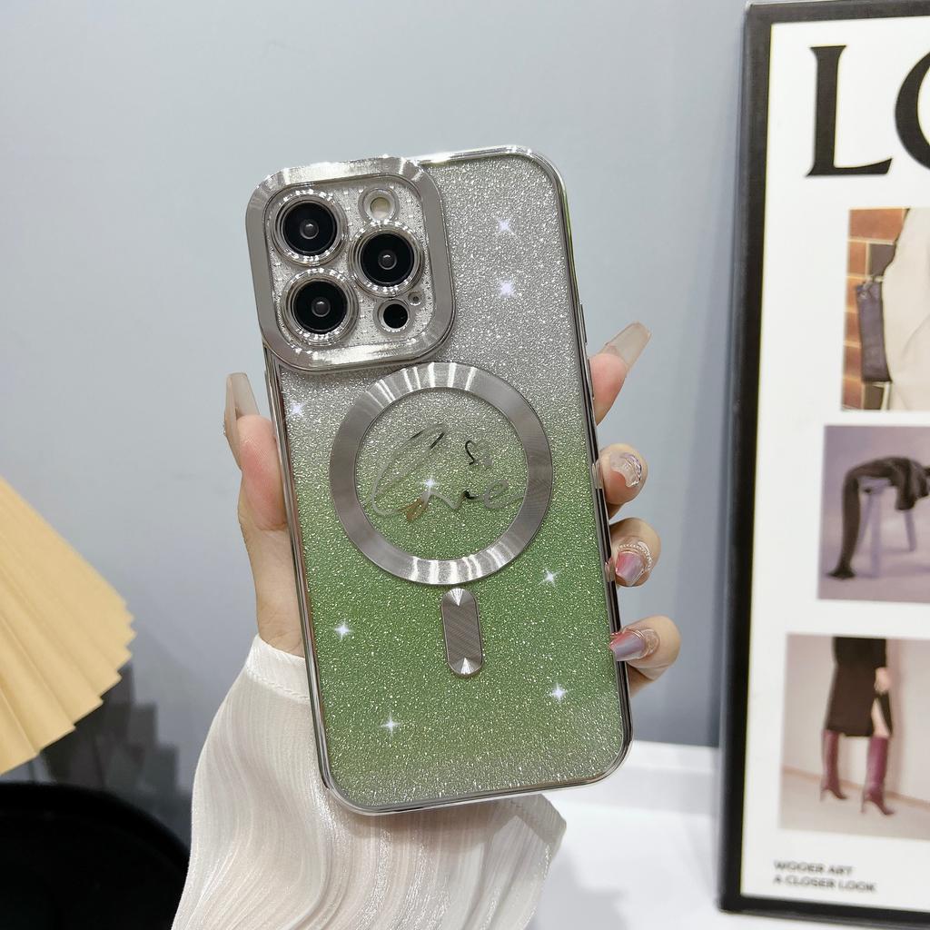 Electroplated Magnetic Soft Case for iPhone 15 Pro Heart Full Coverage Ins Apple 17 Gradient Glitter Phone Case Cover
