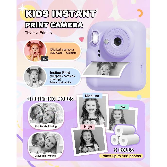 Kids Camera Instant Print, Upgrade Dual-Lens Selfie Digital Camera for Kids, Christmas Birthday Gifts Toys for Boys Girls Age 3-12, HD 1080P Kids