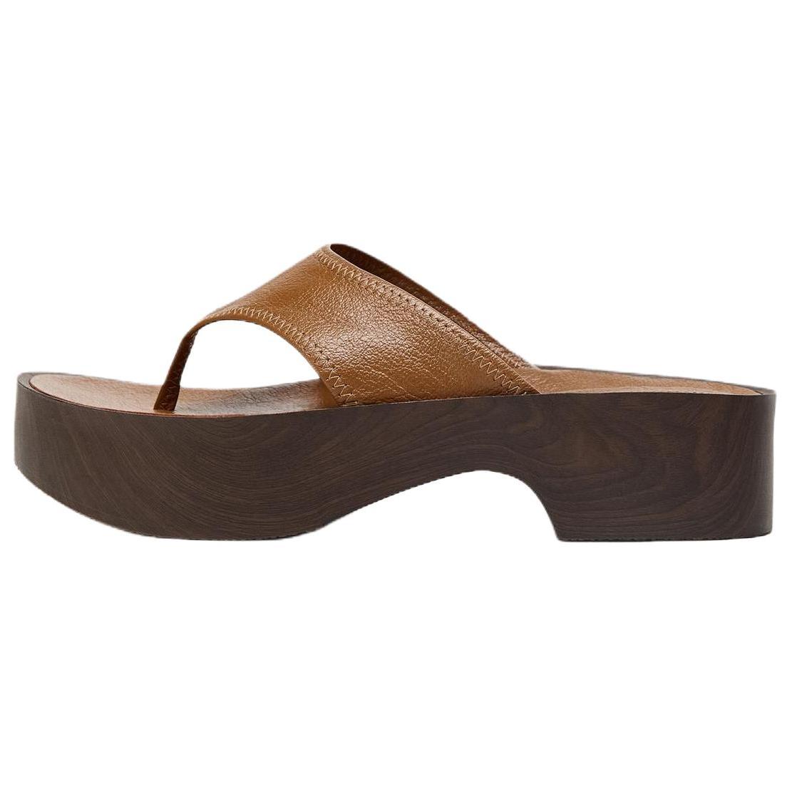 ZARA Leather Thong Platform Wedge Slide Sandals Brown Womens 2631510105 37