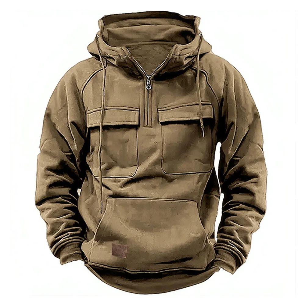 Half Zipper Men's Tactical Hoodies Solid Military Sweatshirts Multi Pockets Male Hooded Jackets Thick Outdoor Polar