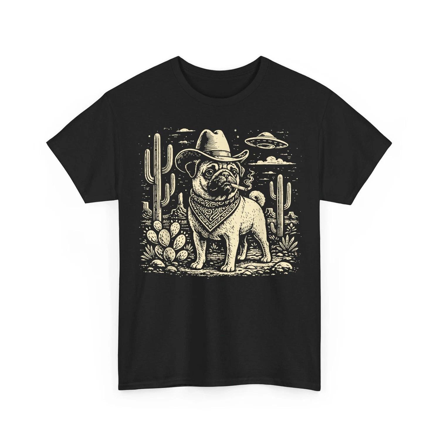 Western Cowboy Dog Smoking with UFO Pug Dog Retro Funny Tee Unisex T-Shirt L