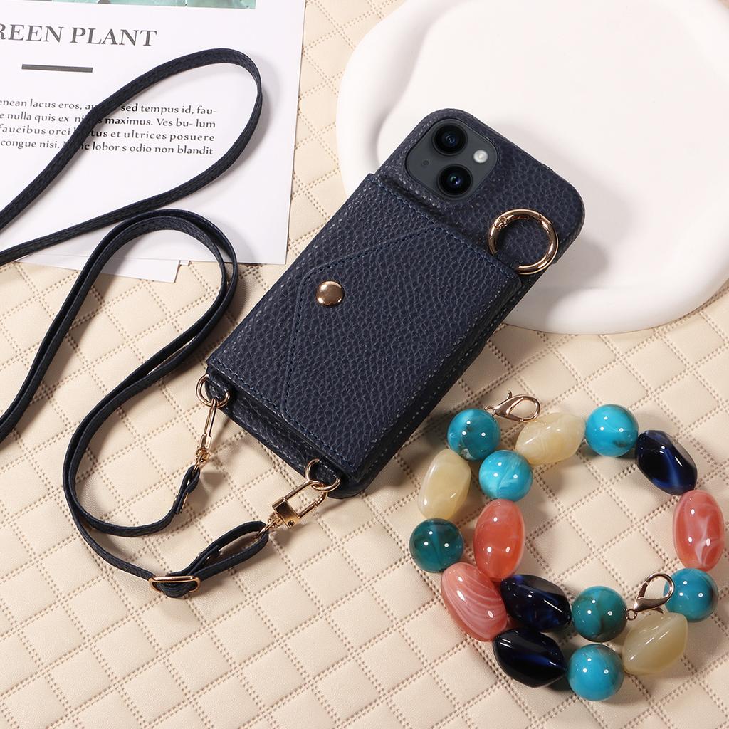 Faux Leather Colored Stone Cord Phone Case for IPhone16 15 14 13 12 11 Pro Max 7 8 Series with Mirror, Card Slot, Stand Function