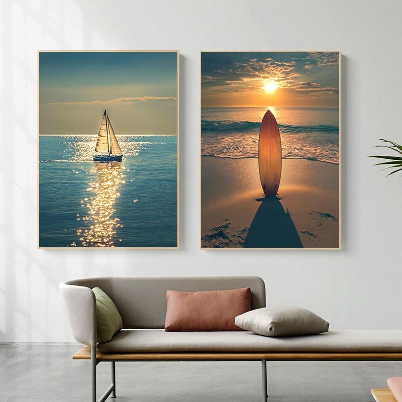 Sailing Sunset Beach Bed Santorini Surfboard Umbrellas Poster Canvas Painting Print for Living Room Home Decoration Cuadros