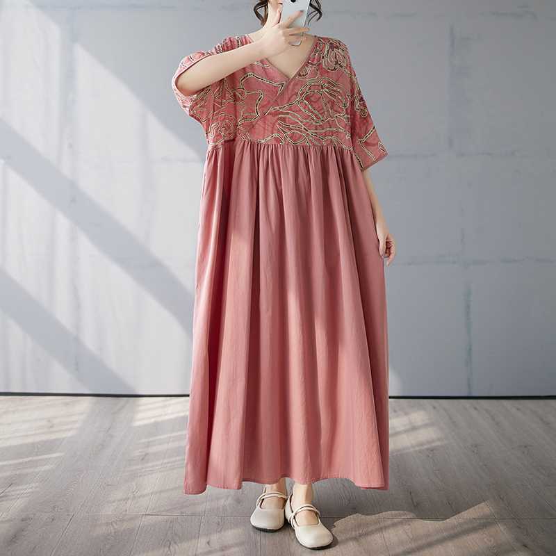 Cotton and Linen Patchwork Retro Style Dress, Long Skirt