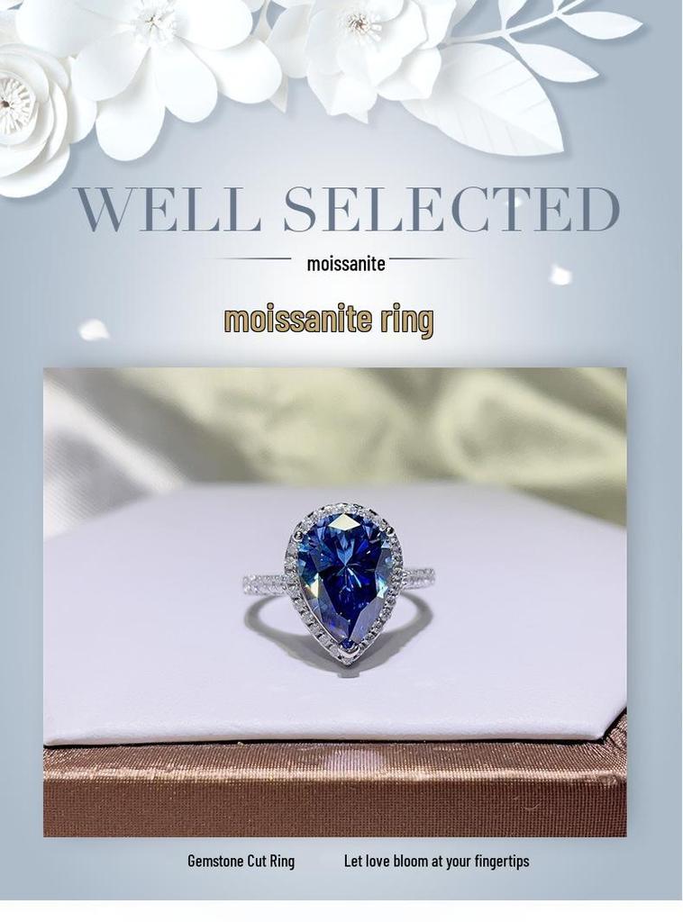 5 Carat Blue Water Drop Moissanite Women's Pear Shape Diamond Ring - Stylish European & American Fashion Bestseller.
