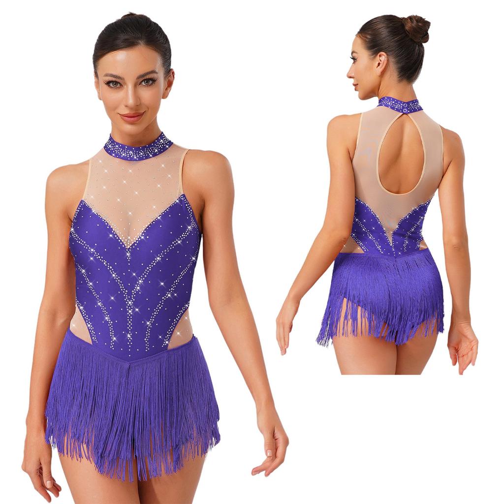 Pailletten Fransen Body für Damen Neckholder Jazz Latin Tanz Samba Chacha Quaste Leotard Akrobat Kostüm