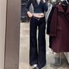 Plus Size Spicy Girl Low Waist Black Flare Jeans for Women - Autumn Slimming Retro Floor-Length Pants