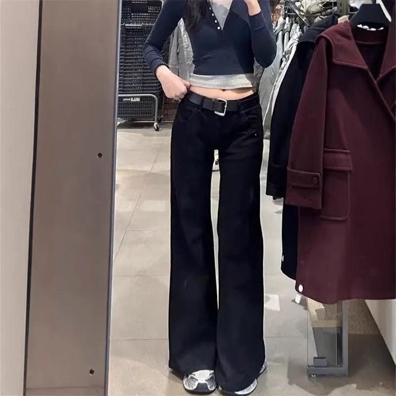 Plus Size Spicy Girl Low Waist Black Flare Jeans for Women - Autumn Slimming Retro Floor-Length Pants