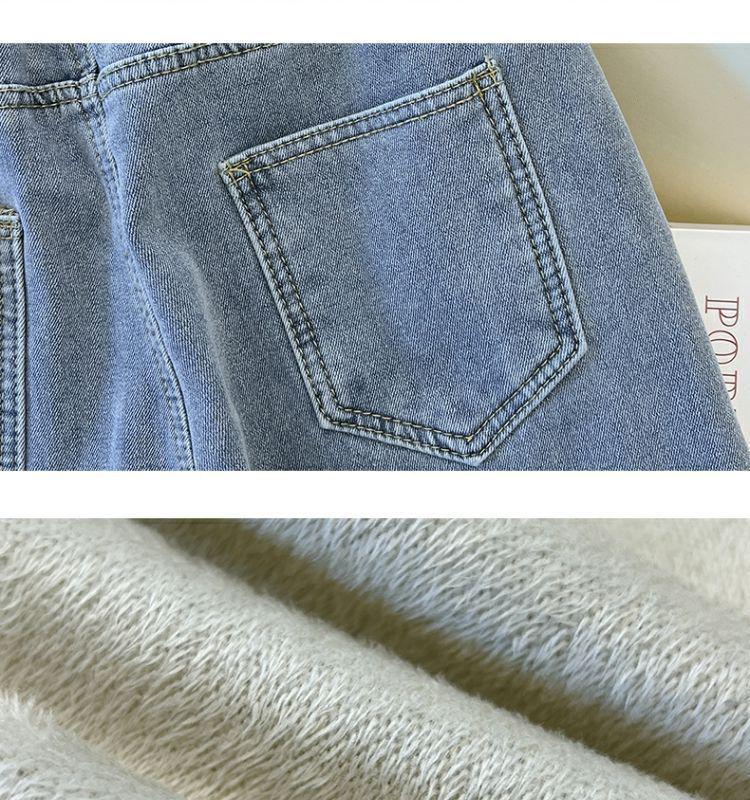 Women's Light Blue Plush Elastic Waist Wide-Leg Jeans, 2025 Spring/Autumn, Thickened, 9/10 Straight Leg.