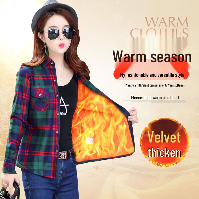Women's Fleece-Lined Plaid Shirt, Long Sleeve, Warm, Slim Fit, Plus Size, Korean Style for Autumn and Winter.