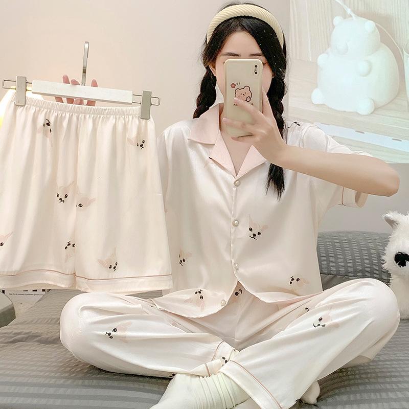 

Spring And Summer Short-Sleeved Trousers Shorts Simple Puppy Print Three-Piece Pajamas Women S Simple Style Loungewear 2XL