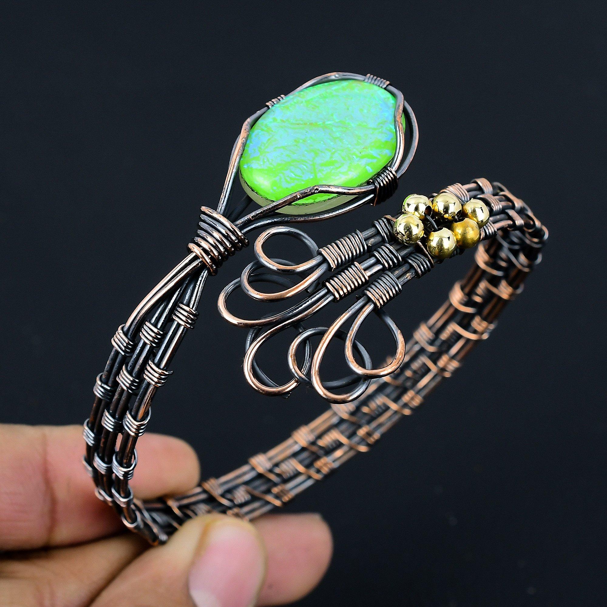 

Браслет с австралийским опалом-триплетом, Браслет из драгоценного камня ручной работы, Антикварное украшение, обернутое медной проволокой 999 пробы, Для подарка на помолвку