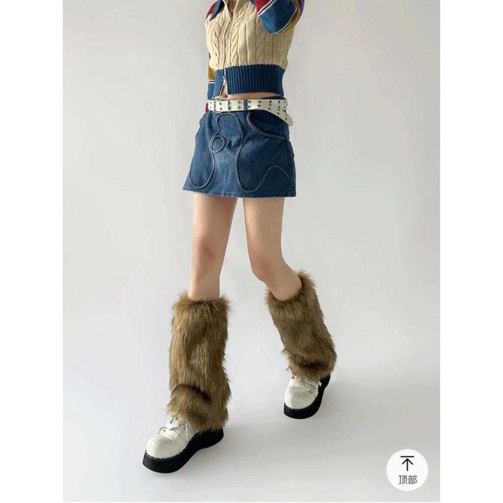 Damen Stulpen Western Cowboy Stil Fellstulpen Braun Retro Hot Girl Fell Socken Lange Fellstiefelsocken Warm und Schlank