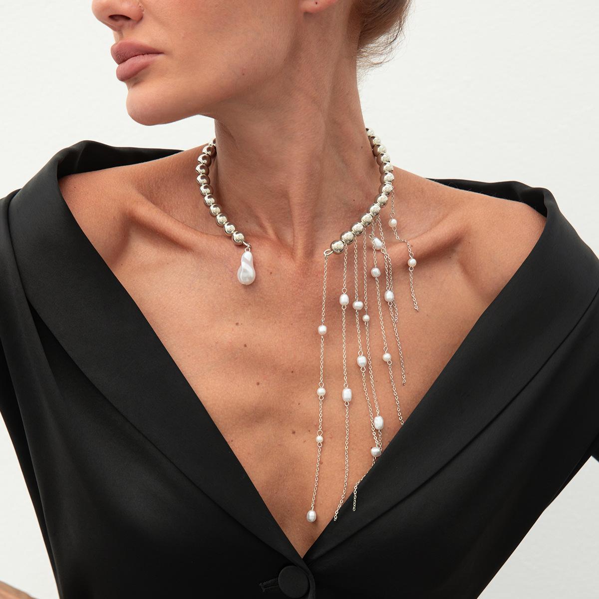 Temperament Imitation Pearl Tassel Bead Collarbone Necklace Hip-hop Ins Style Diamond Studded Cross Collar For Women