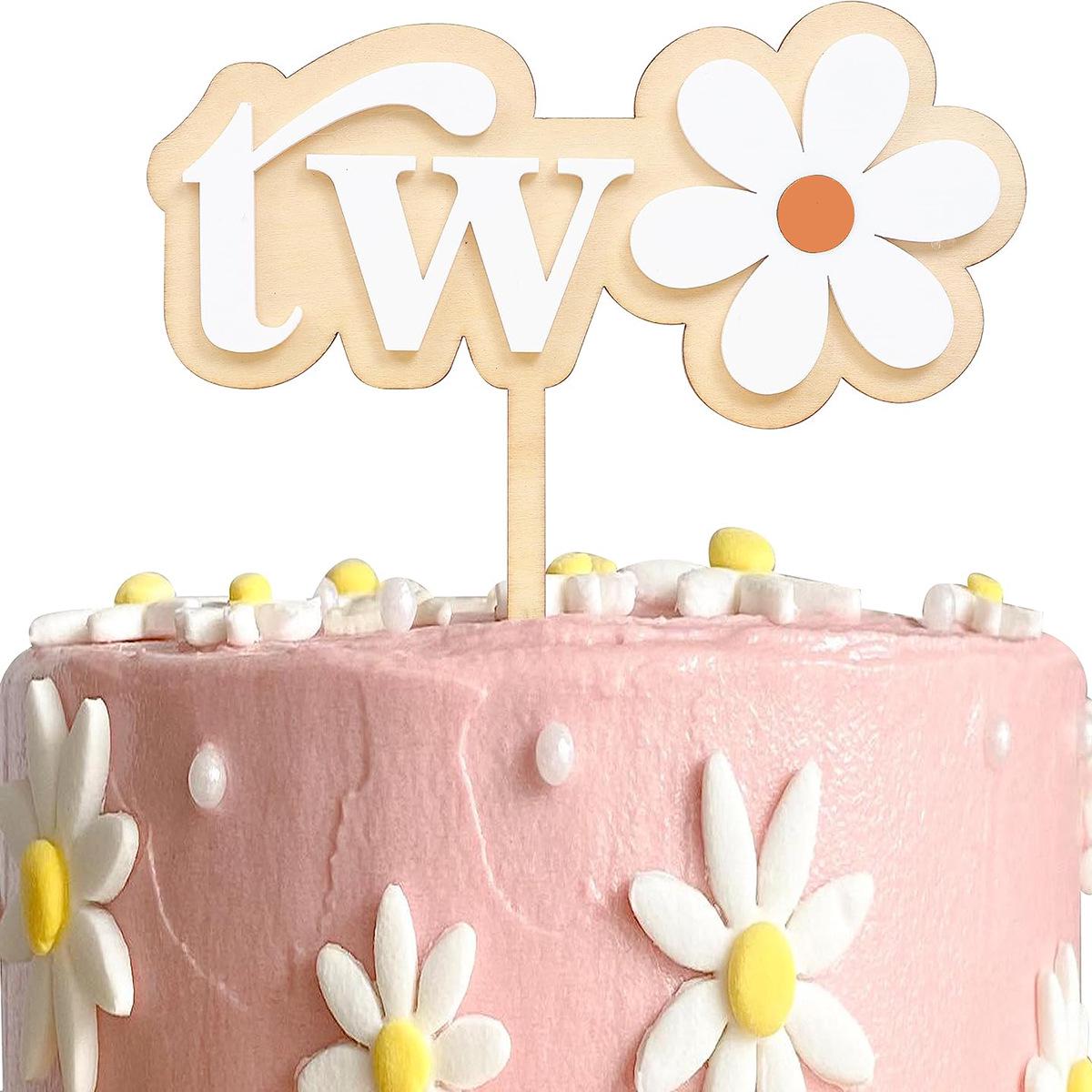 Bohemian Wood Daisy Birthday Cake Topper - First Birthday Party Decoration Picks