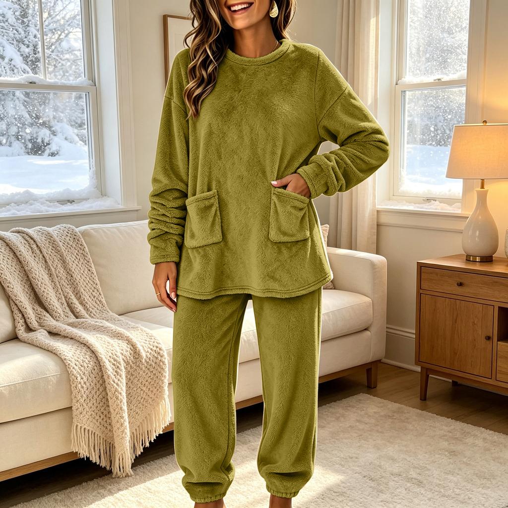Women's Fashion Flannel Pajama Set Long Sleeve Top and Pants with Pockets Casual Warm 2 Piece Sleepwear