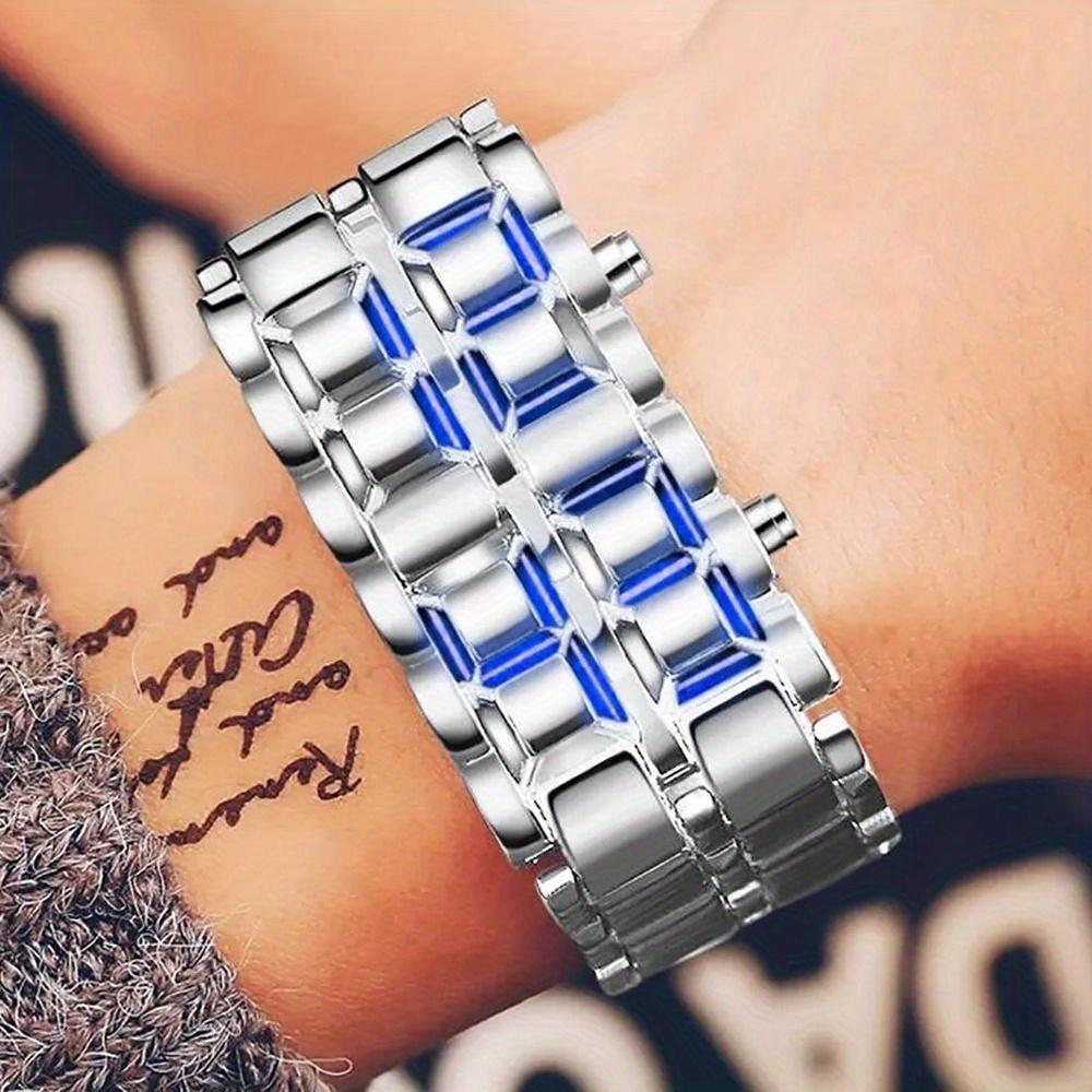 4PCS Watch Necklace Set Fashion All Stainless Steel Digital Lava Watch Blue LED Display Men's Watch Bracelet Men's Gift Sport Creative Clock