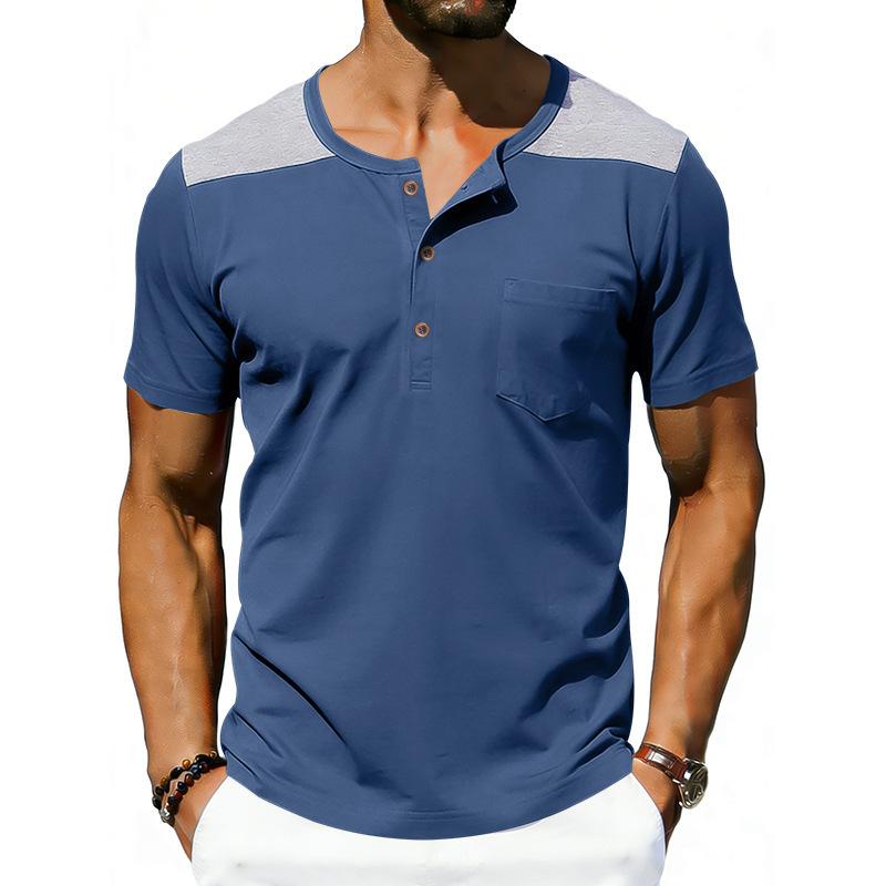 Men Contrast Shoulder Henley Neck Short Sleeve Pocket Casual Tee