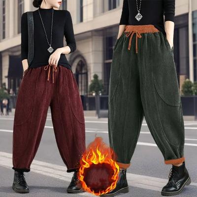 Damen Winter Vintage Cord Haremshose Damen Lässig Verdickt Warme Hose